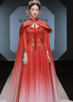 Boutique Red Tasseled Embroideried Cape And Dresses Silk Two Piece Set Fall ML1605