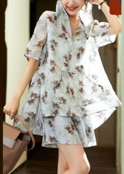 Brief Blue Grey Print Silk Hooded Shorts Top And Two Pieces Set Summer ML1978