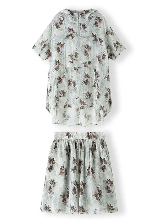 Brief Blue Grey Print Silk Hooded Shorts Top And Two Pieces Set Summer ML1978 6 Brief Blue Grey Print Silk Hooded Shorts Top And Two Pieces Set Summer ML1978 - Image 5