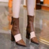 Brown Hollow Out Splicing Chunky Heel Boots Pointed Toe XC1017 -Ada Fashion Brown Hollow Out Splicing Chunky Heel Boots Pointed Toe1