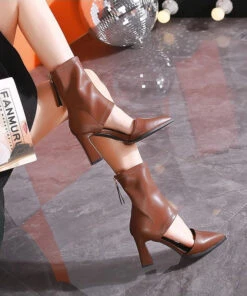 Brown Hollow Out Splicing Chunky Heel Boots Pointed Toe XC1017 -Ada Fashion Brown Hollow Out Splicing Chunky Heel Boots Pointed Toe4