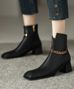 Ada Fashion -Ada Fashion Caramel Boots Classy Splicing Chain Linked Chunky Cowhide Leather2 48ade2da cdf5 4e91 9db3 c3ea85556b94