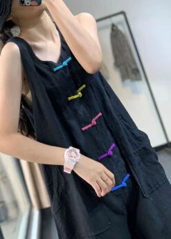 Casual Black Chinese Button Pockets Patchwork Linen Jumpsuits Summer LY7863 -Ada Fashion Casual Black Chinese Button Pockets Patchwork Linen Jumpsuits Summer4