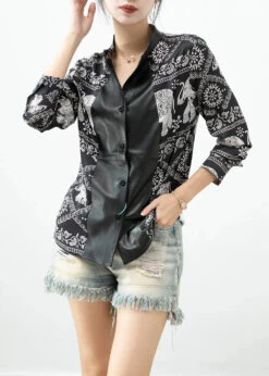 Elephant Print Patchwork Blouse Tops -Ada Fashion Casual Black Elephant Print Patchwork Blouse Tops Fall Ada Fashion 176267995