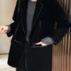 Casual Black Notched Patchwork Pockets Wool Blend Coat Fall LY8359