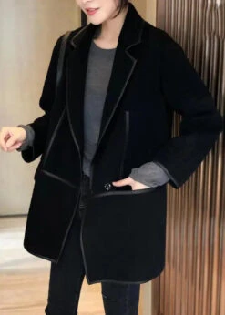 Casual Black Notched Patchwork Pockets Wool Blend Coat Fall LY8359