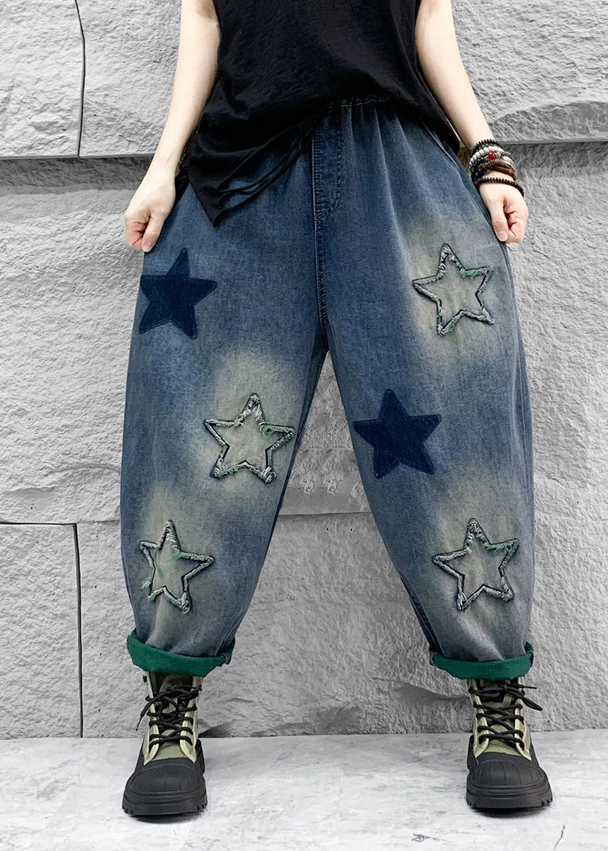 Casual Blue Five Pointed Star Patch Elastic Waist Denim Harlan Pants Spring QQ1007 4 Casual Blue Five Pointed Star Patch Elastic Waist Denim Harlan Pants Spring QQ1007 - Image 2