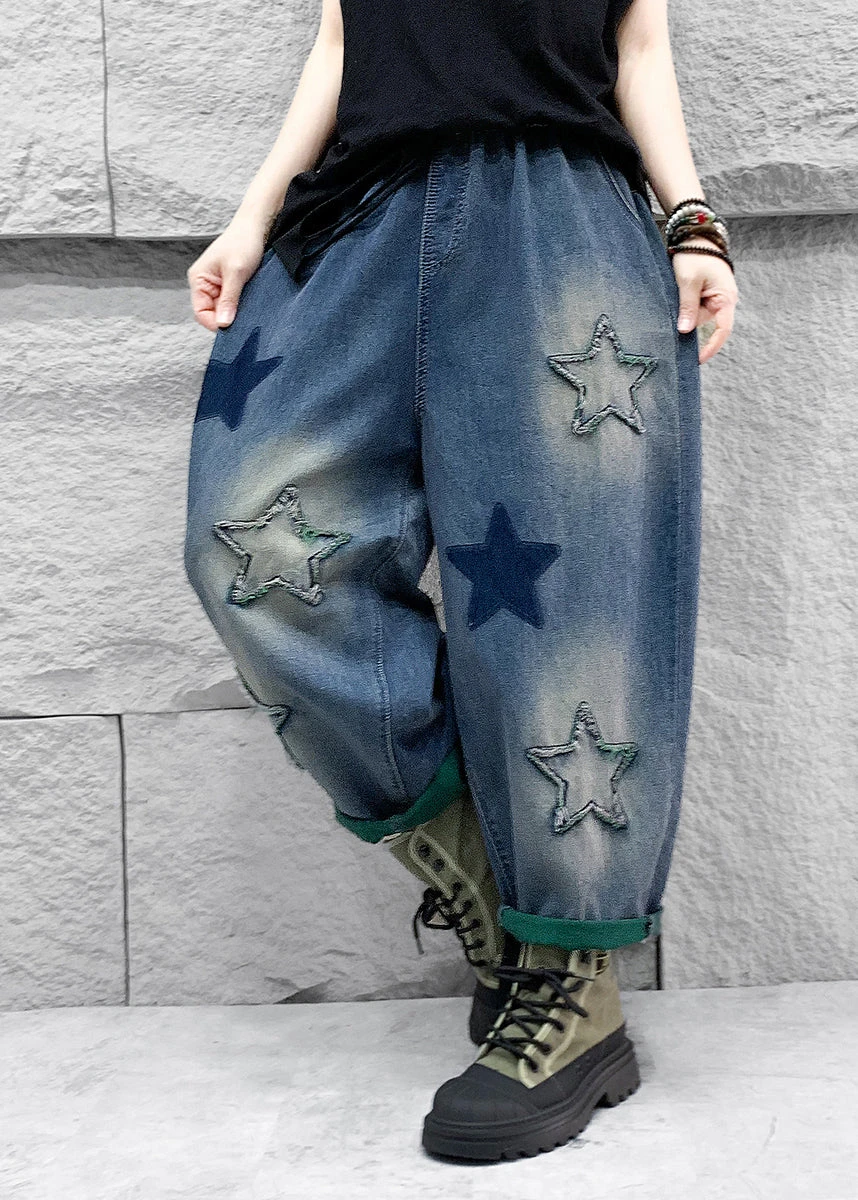 Casual Blue Five Pointed Star Patch Elastic Waist Denim Harlan Pants Spring QQ1007 5 Casual Blue Five Pointed Star Patch Elastic Waist Denim Harlan Pants Spring QQ1007 - Image 3