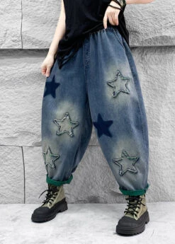 Casual Blue Five Pointed Star Patch Elastic Waist Denim Harlan Pants Spring QQ1007 10 Casual Blue Five Pointed Star Patch Elastic Waist Denim Harlan Pants Spring QQ1007 -Ada Fashion Casual Blue Five Pointed Star Patch Elastic Waist Denim Harlan Pants Spring4