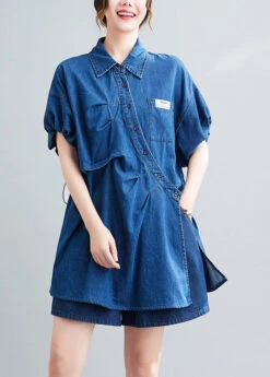 Casual Blue Peter Pan Collar Cotton Shirts And Shorts Two Pieces Set Summer LY0639 -Ada Fashion Casual Blue Peter Pan Collar Cotton Shirts And Shorts Two Pieces Set Summer3