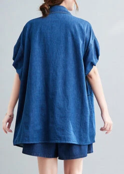 Casual Blue Peter Pan Collar Cotton Shirts And Shorts Two Pieces Set Summer LY0639 -Ada Fashion Casual Blue Peter Pan Collar Cotton Shirts And Shorts Two Pieces Set Summer5