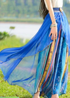 Casual Blue Print Elastic Waist Chiffon Holiday Pants Skirt Summer LY0188 -Ada Fashion Casual Blue Print Elastic Waist Chiffon Holiday Pants Skirt Summer3