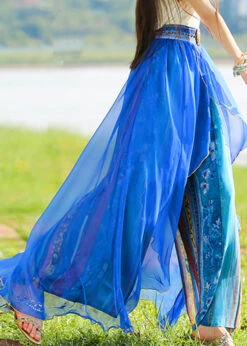 Casual Blue Print Elastic Waist Chiffon Holiday Pants Skirt Summer LY0188 -Ada Fashion Casual Blue Print Elastic Waist Chiffon Holiday Pants Skirt Summer4