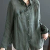 Casual Green Peter Pan Collar Patchwork Linen Blouses Long Sleeve LY4026 -Ada Fashion Casual Green Peter Pan Collar Patchwork Linen Blouses Long Sleeve1