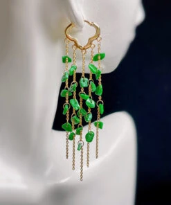 Casual Green Sterling Silver 14K Gold Jade Tassel Drop Earrings KX1003 -Ada Fashion Casual Green Sterling Silver 14K Gold Jade Tassel Drop Earrings3