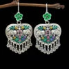 Casual Green Sterling Silver Heart Floral Tassel Drop Earrings LY2027