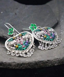 Casual Green Sterling Silver Heart Floral Tassel Drop Earrings LY2027 -Ada Fashion Casual Green Sterling Silver Heart Floral Tassel Drop Earrings3