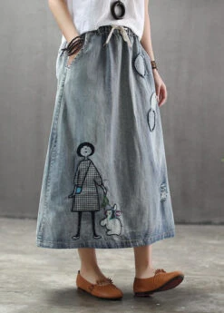 Casual Light Blue Elastic Waist Patchwork Cartoon Embroideried Tulle Denim Skirts Spring TG1012 -Ada Fashion Casual Light Blue Elastic Waist Patchwork Cartoon Embroideried Tulle Denim Skirts Spring3