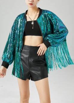 Casual Peacock Green Tasseled Sequins Jackets Summer LY6722
