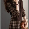 Casual Peter Pan Collar Plaid Knit Waistcoat And Mid DressTwo Pieces Set Spring LY0435