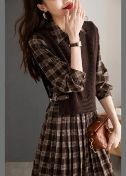 Casual Peter Pan Collar Plaid Knit Waistcoat And Mid DressTwo Pieces Set Spring LY0435
