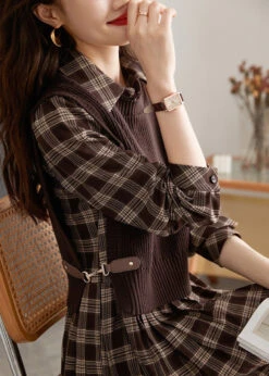 Casual Peter Pan Collar Plaid Knit Waistcoat And Mid DressTwo Pieces Set Spring LY0435 -Ada Fashion Casual Peter Pan Collar Plaid Knit Waistcoat And Mid DressTwo Pieces Set Spring4