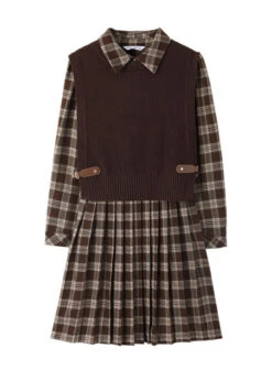 Casual Peter Pan Collar Plaid Knit Waistcoat And Mid DressTwo Pieces Set Spring LY0435 -Ada Fashion Casual Peter Pan Collar Plaid Knit Waistcoat And Mid DressTwo Pieces Set Spring5