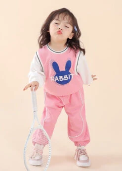 Casual Pink O Neck Print Patchwork Cotton Kids Two Piece Set Fall ML0045