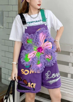 Casual Purple Slash Neck Floral Graphic Print Jumpsuits Summer LY6044