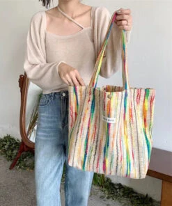 Casual White Colorful Stripes High-capacity Woolen Satchel Handbag LY1731 -Ada Fashion Casual White Colorful Stripes High capacity Woolen Satchel Handbag4