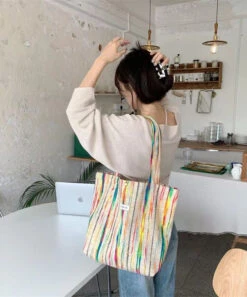 Casual White Colorful Stripes High-capacity Woolen Satchel Handbag LY1731 -Ada Fashion Casual White Colorful Stripes High capacity Woolen Satchel Handbag5