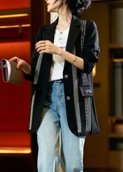 Chic Black Peter Pan Collar Zircon Patchwork Cotton Coat Fall LY8598