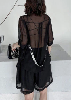 Chic Black Tie Dye Patchwork Shirts And Shorts Cotton Two Piece Set Summer LY9499 -Ada Fashion Chic Black Tie Dye Patchwork Shirts And Shorts Cotton Two Piece Set Summer3