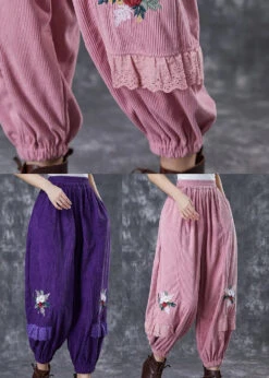 Chic Patchwork Corduroy Pants -Ada Fashion Chic Dull Purple Embroidered Patchwork Corduroy Pants Fall Ada Fashion 176540821