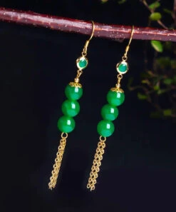 Sterling Silver Overgild 14K Gold Jade Tassel Drop Earrings