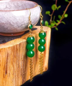 Sterling Silver Overgild 14K Gold Jade Tassel Drop Earrings -Ada Fashion Chic Green Sterling Silver Overgild 14K Gold Jade Tassel Drop Earrings Ada Fashion 177882316
