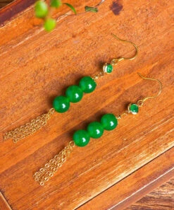 Sterling Silver Overgild 14K Gold Jade Tassel Drop Earrings -Ada Fashion Chic Green Sterling Silver Overgild 14K Gold Jade Tassel Drop Earrings Ada Fashion 177882410