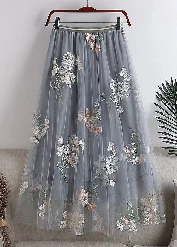 Chic Grey Embroidered Elastic Waist Tulle Skirts Spring QQ1055 3 Chic Grey Embroidered Elastic Waist Tulle Skirts Spring QQ1055