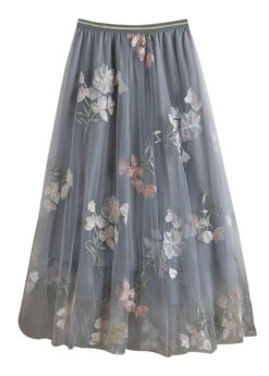 Chic Grey Embroidered Elastic Waist Tulle Skirts Spring QQ1055 11 Chic Grey Embroidered Elastic Waist Tulle Skirts Spring QQ1055 -Ada Fashion Chic Grey Embroidered Elastic Waist Tulle Skirts Spring5