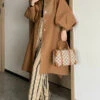 Chic Khaki Button Tie Waist Patchwork Woolen Trench Coats Lantern Sleeve ML2440