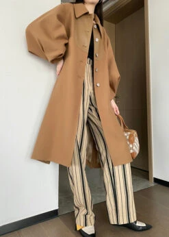 Chic Khaki Button Tie Waist Patchwork Woolen Trench Coats Lantern Sleeve ML2440 -Ada Fashion Chic Khaki Button Tie Waist Patchwork Woolen Trench Coats Lantern Sleeve3