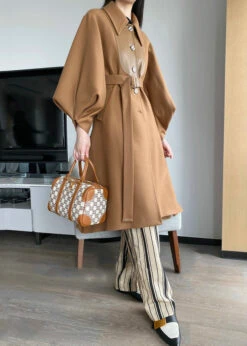 Chic Khaki Button Tie Waist Patchwork Woolen Trench Coats Lantern Sleeve ML2440 -Ada Fashion Chic Khaki Button Tie Waist Patchwork Woolen Trench Coats Lantern Sleeve4