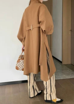 Chic Khaki Button Tie Waist Patchwork Woolen Trench Coats Lantern Sleeve ML2440 -Ada Fashion Chic Khaki Button Tie Waist Patchwork Woolen Trench Coats Lantern Sleeve5