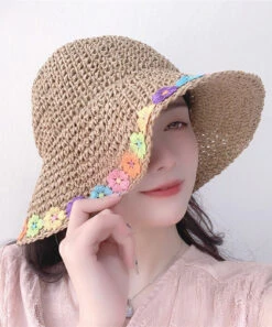 Chic Khaki Floral Straw Woven Floppy Sun Hat LY525