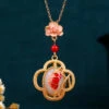 Chic Red Ancient Gold Inlaid Jade Lotus Flower Agate Pendant Necklace KX1074 -Ada Fashion Chic Red Ancient Gold Inlaid Jade Lotus Flower Agate Pendant Necklace1