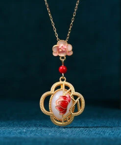 Chic Red Ancient Gold Inlaid Jade Lotus Flower Agate Pendant Necklace KX1074 -Ada Fashion Chic Red Ancient Gold Inlaid Jade Lotus Flower Agate Pendant Necklace4