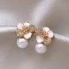 Chic White Sterling Silver Overgild Zircon Pearl Floral Stud Earrings AH704 -Ada Fashion Chic White Sterling Silver Overgild Zircon Pearl Floral Stud Earrings1