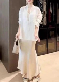 Chic White Top And Skirts Silk Two Piece Suit Set Spring HA1002 -Ada Fashion Chic White Top And Skirts Silk Two Piece Suit Set Spring HA1002 Ada Fashion 182941665