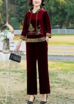 Chic Wine Red Print Drawstring Hooded Silk Velour Top And Wide Leg Pants Two Pieces Set Fall ML0882