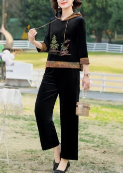 Chic Wine Red Print Drawstring Hooded Silk Velour Top And Wide Leg Pants Two Pieces Set Fall ML0882 -Ada Fashion Chic Wine Red Print Drawstring Hooded Silk Velour Top And Wide Leg Pants Two Pieces Set Fall Ada Fashion 164380017